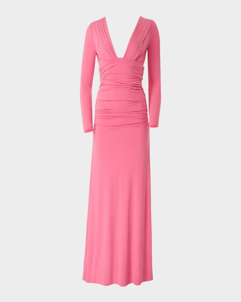 Plunging Ruched Long-Sleeve Maxi Dress